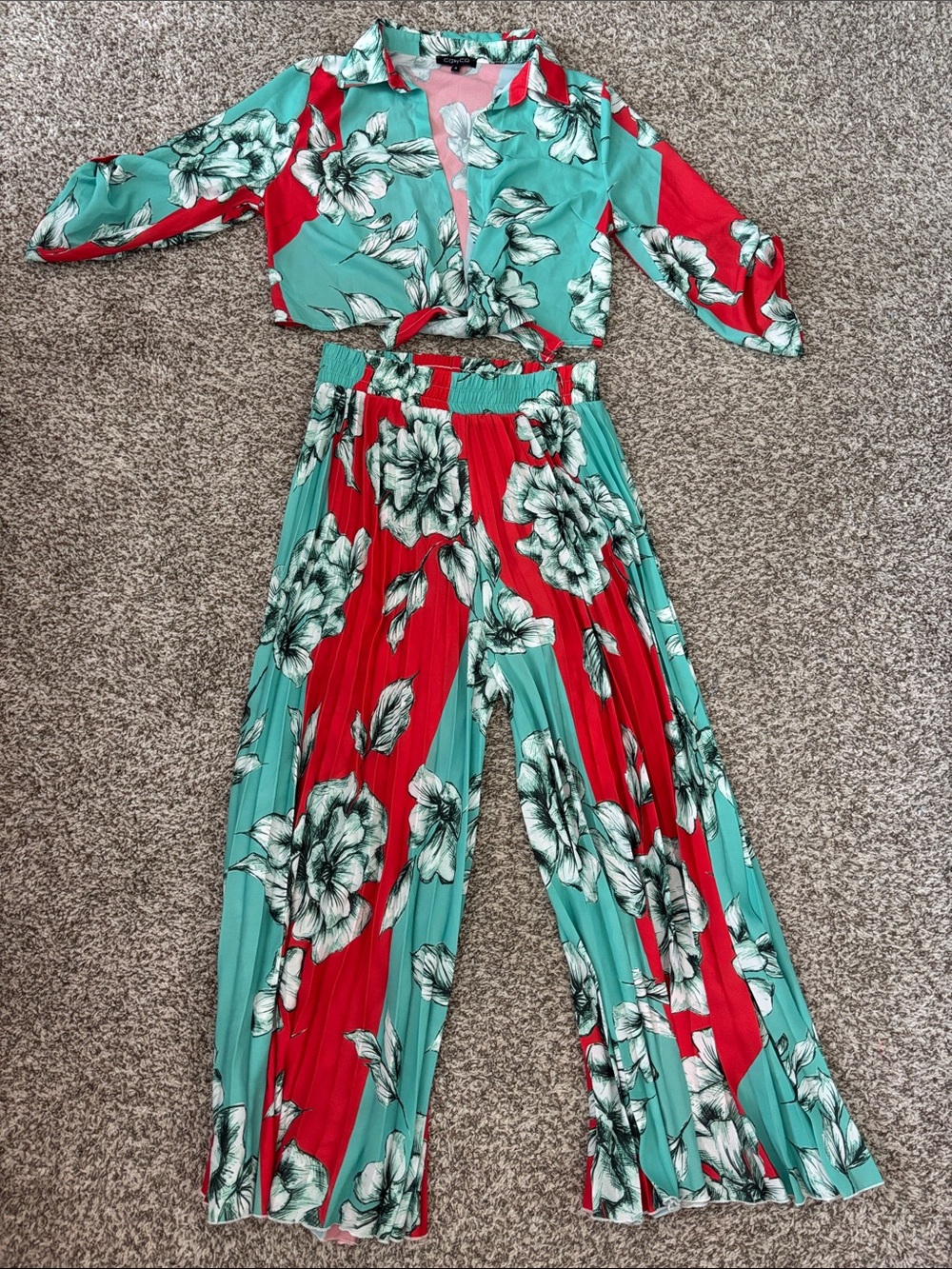 Floral Two-Piece Wide-Leg Pleated Pants Set in Teal & Red